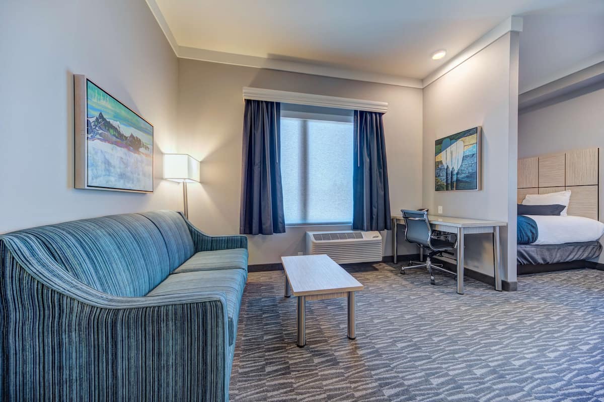 Une chambre d’hôtel avec un canapé, une petite table, un bureau avec une chaise, un lit et une fenêtre avec des rideaux.