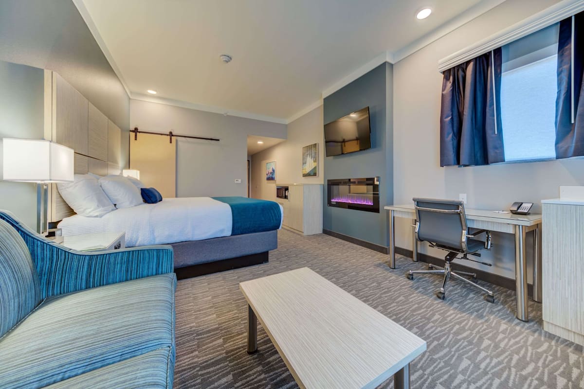 Une chambre d’hôtel équipée d’un lit, d’un bureau, d’une chaise, d’un canapé, d’une télévision et d’une fenêtre avec des rideaux.