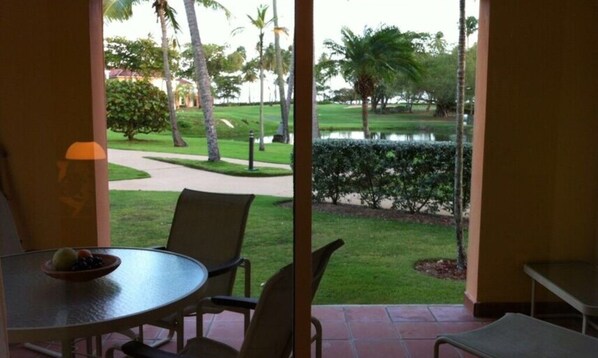 A patio area with a table and chairs, a bowl of fruit, and a view of a landscaped garden with palm trees and a water feature.