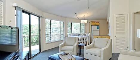 Smart TV, fireplace, DVD player