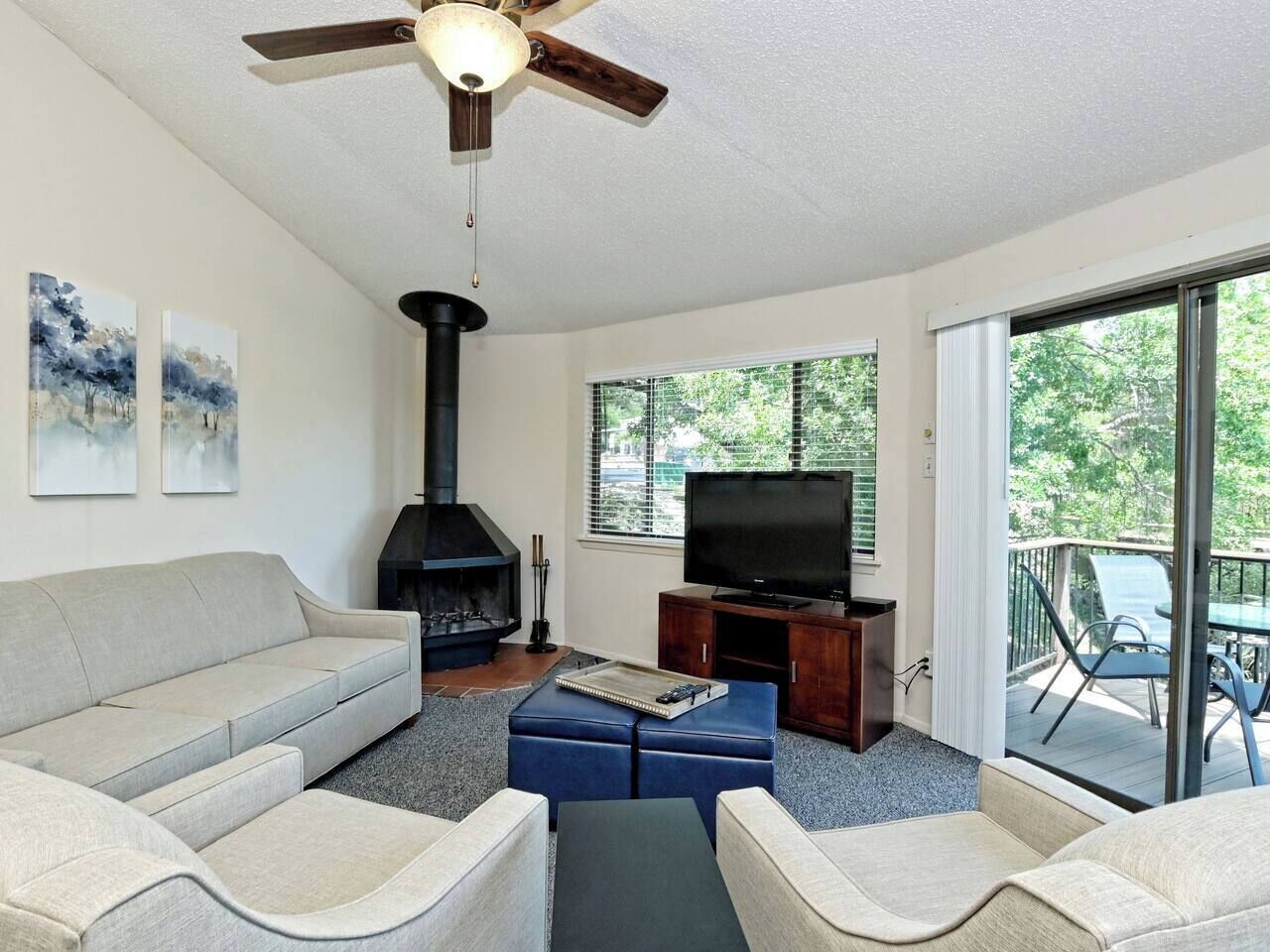 Smart TV, fireplace, DVD player