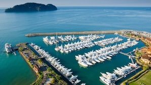 Une vue aérienne d’une marina où sont amarrés de nombreux bateaux, entourée d’une ville côtière avec ses bâtiments et une jetée qui s’avance dans l’eau.