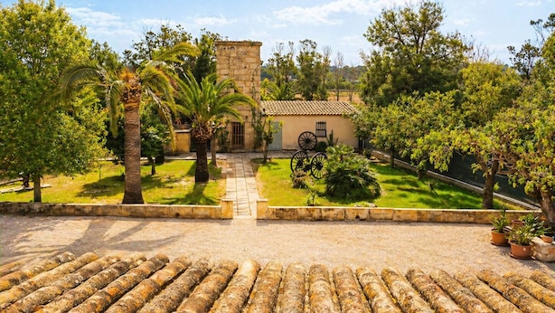 A courtyard with a stone building, palm trees, and a paved area with logs. - Can Pou - private pool - wifi - AACC (S'Aranjassa)