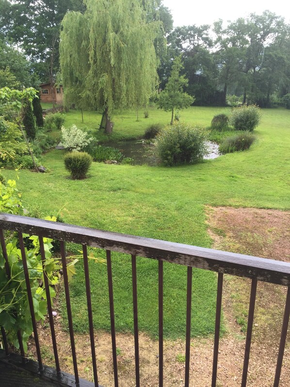 A lush garden with a small pond, a wooden bench, and a variety of greenery.