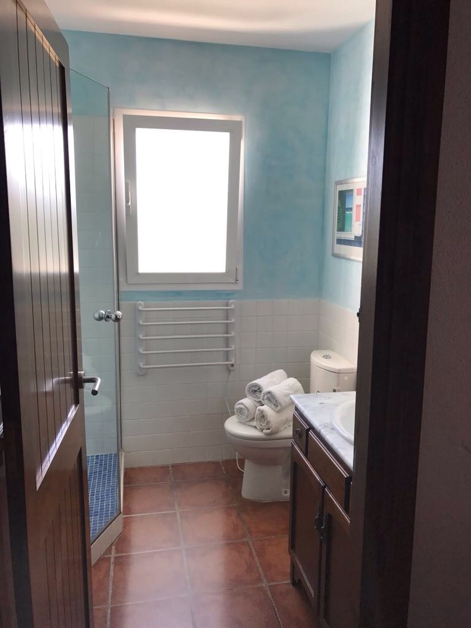 A bathroom with a toilet, a towel rack, a window, and a shower area.