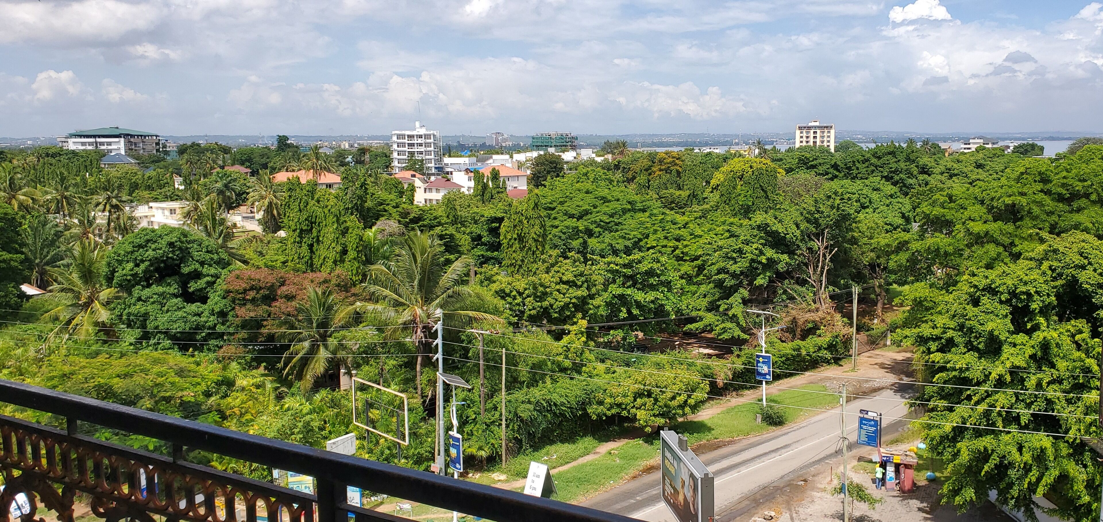 A view of a cityscape with dense greenery, buildings, and a road.