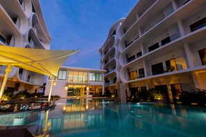2 outdoor pools, open 8:00 AM to 8:00 PM, pool umbrellas, sun loungers