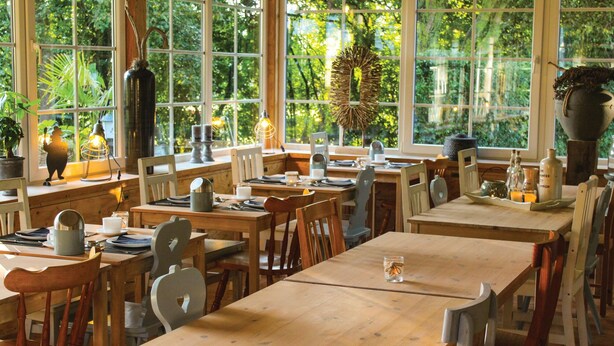 Een restaurant met houten tafels en stoelen, grote ramen met uitzicht op groen en verschillende gedekte tafels.