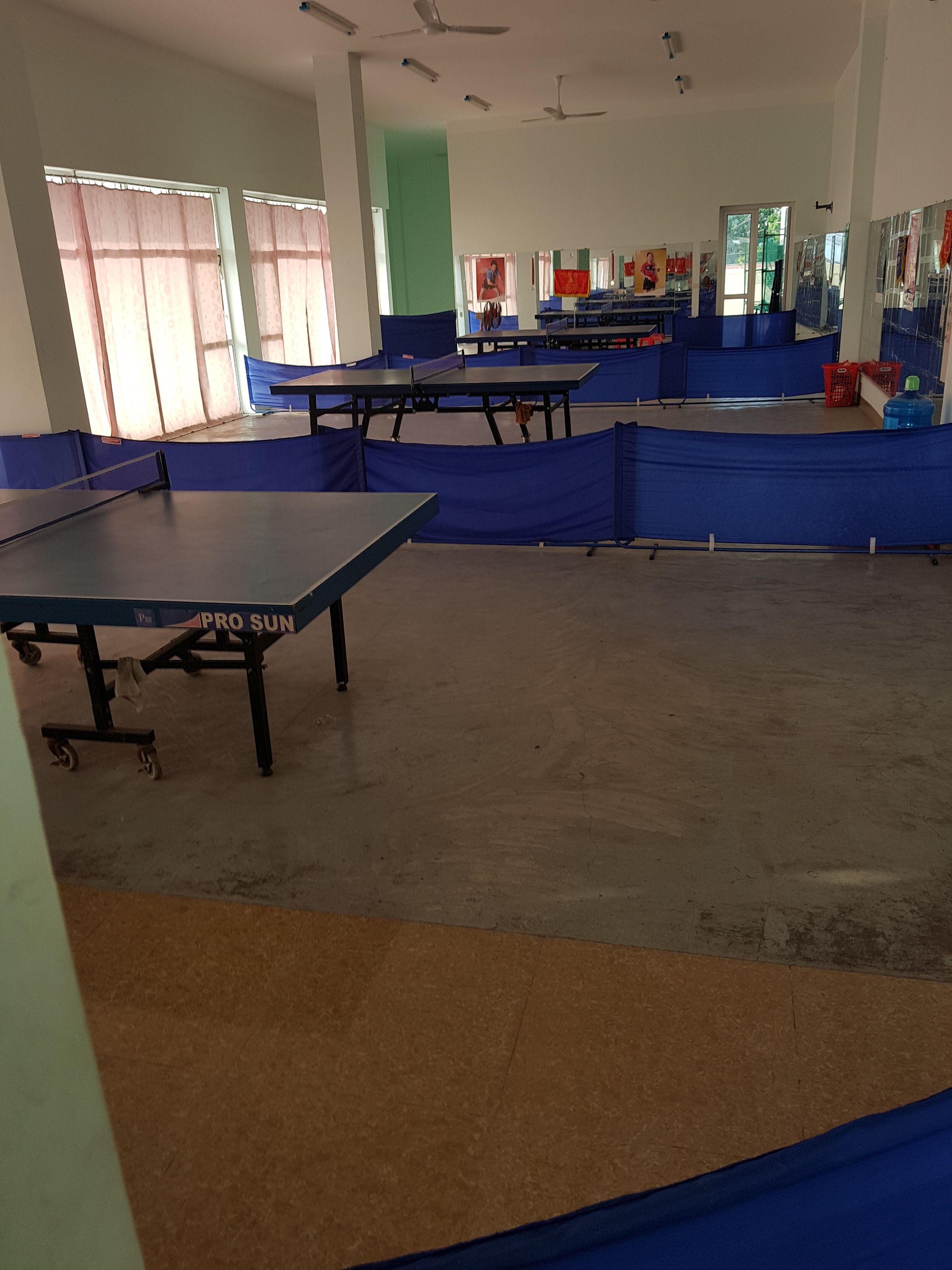 A spacious indoor area with multiple ping pong tables arranged in rows, separated by blue barriers.