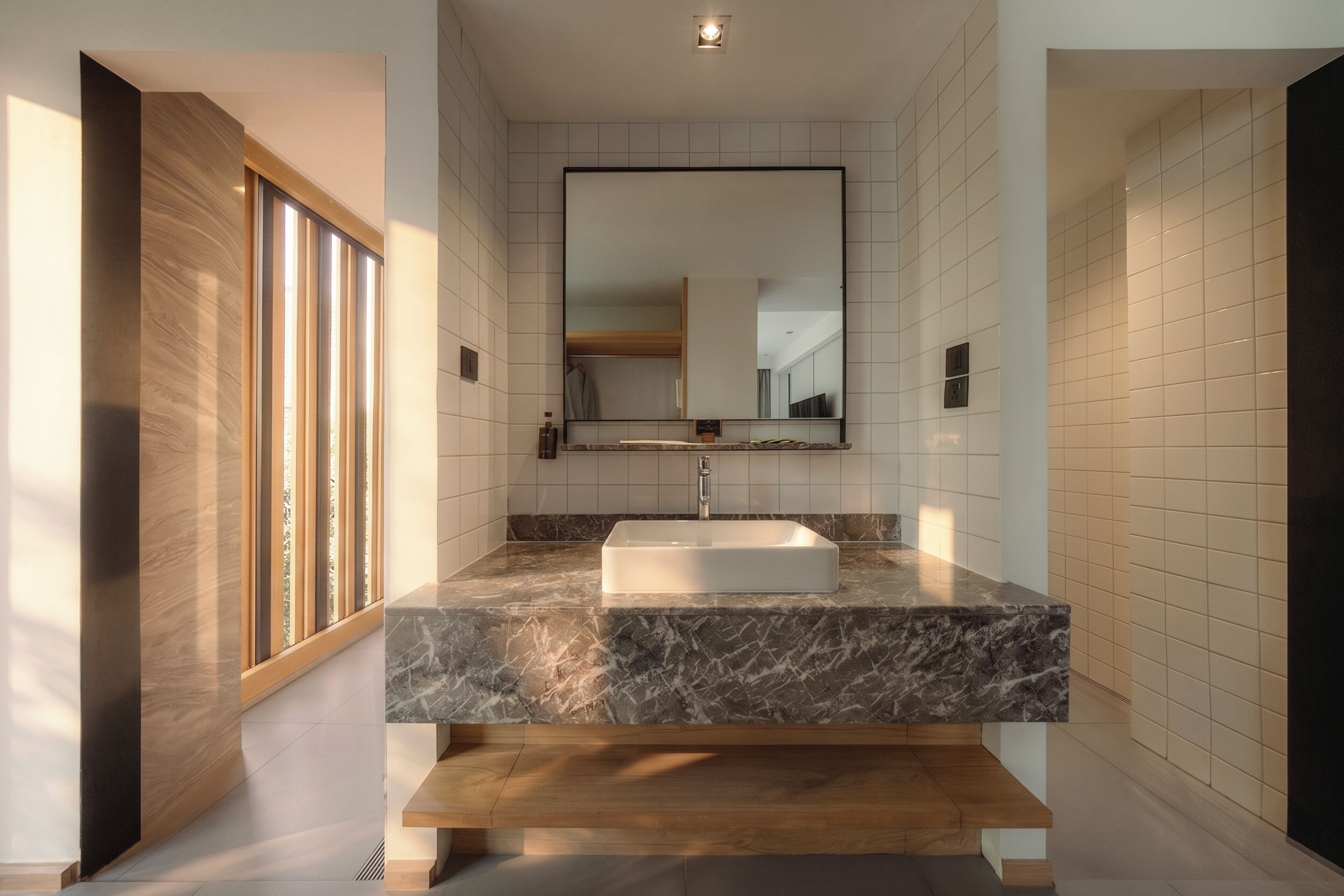 A modern bathroom with a large mirror, a marble countertop, and a wooden bench.
