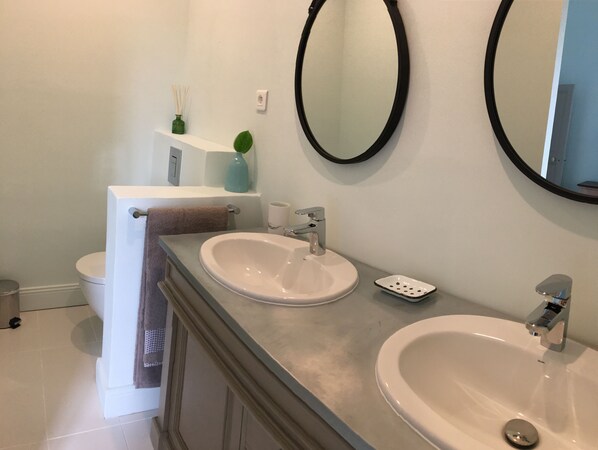 A bathroom with two sinks, a toilet, a mirror, and a shelf with a plant and reed diffuser. - In the heart of downtown St Rémy de Provence, the Mas D'Oscar! (Saint-Rémy-de-Provence)