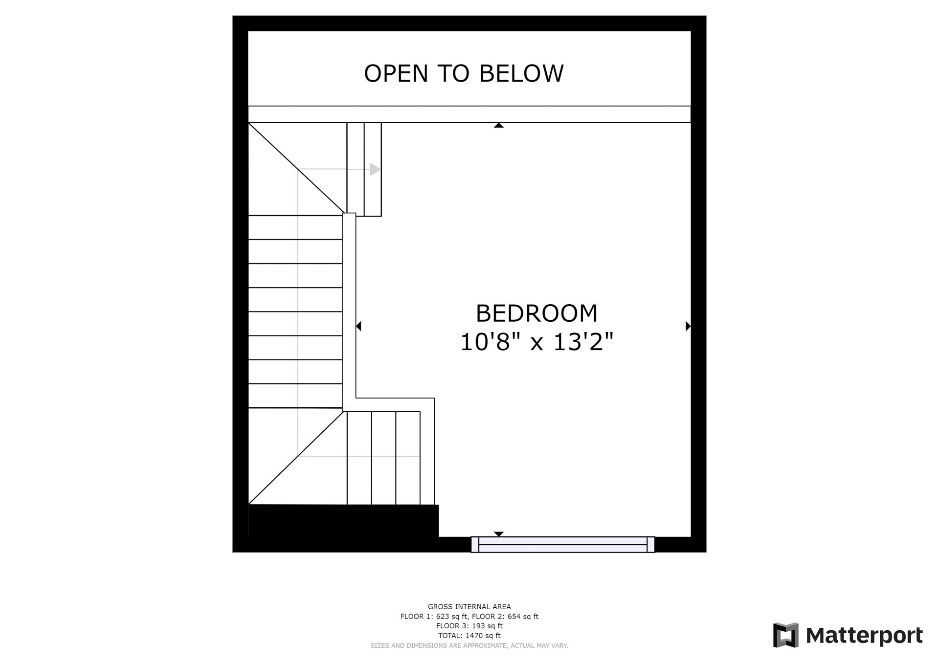 A bedroom layout with dimensions 10'8" x 13'2" and a staircase leading to the bedroom.
