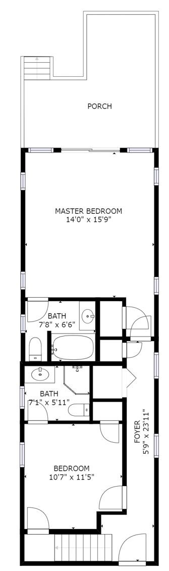 A floor plan with a master bedroom, two bathrooms, a foyer, and a bedroom.
