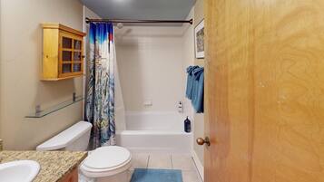 Hair dryer, towels, soap, shampoo