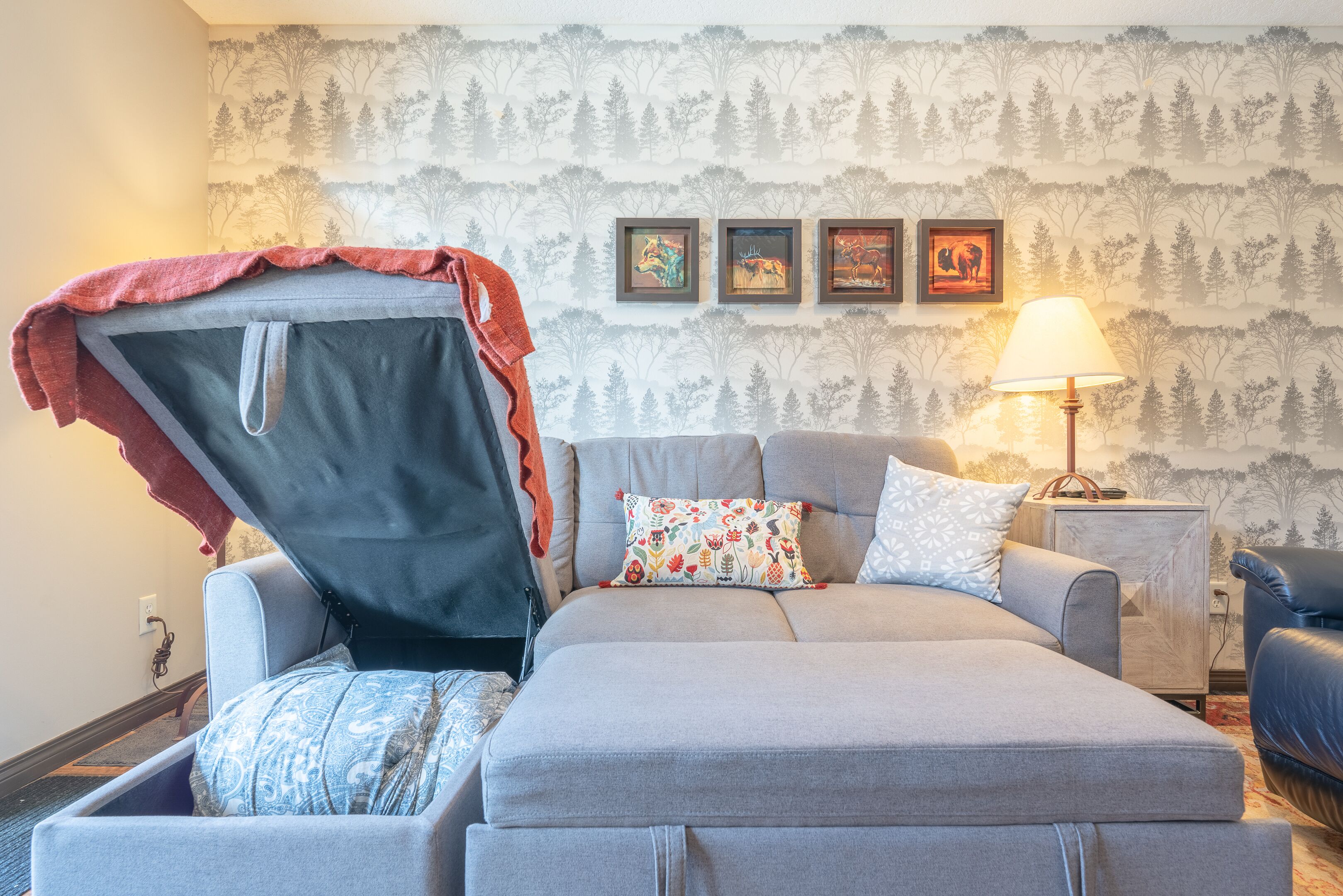 A cozy living room with a grey sofa, a red blanket, and a patterned pillow. There are three framed pictures on the wall and a lamp on a side table.