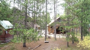 A cabin surrounded by tall pine trees, with a metal roof and a wooden deck. - 22 MI to YNP | Firepit & Patio | Spacious Lodge (Island Park)