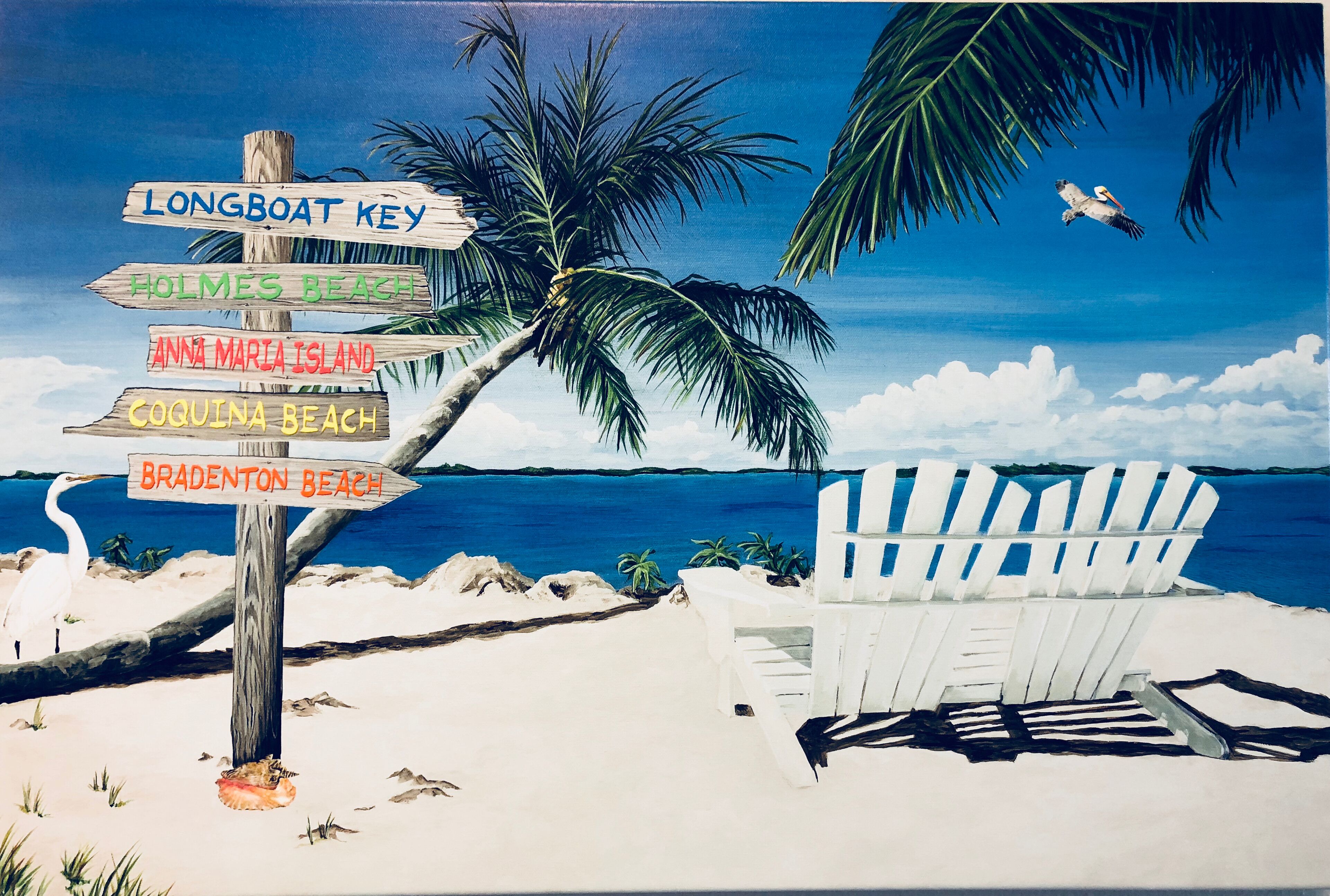 A beach scene with a wooden signpost listing beach names and a white beach chair.
