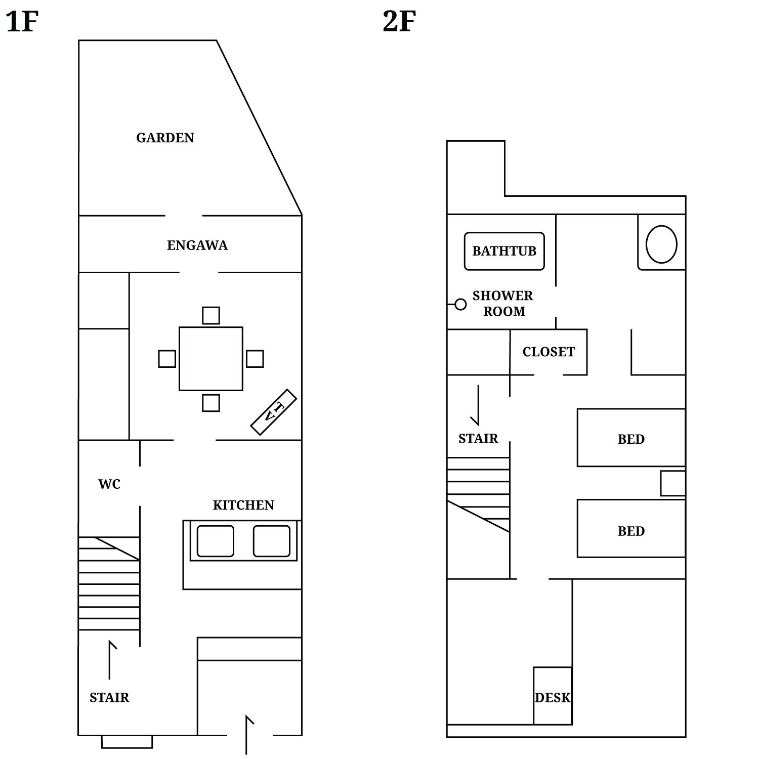 Two floor plans of a building with labeled rooms including a garden, kitchen, bathroom, and bedroom.