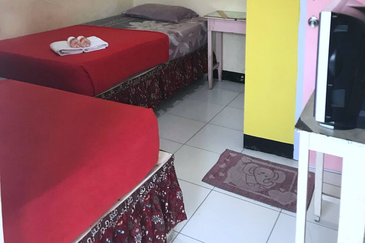 A small room with two single beds, a desk, and a door.