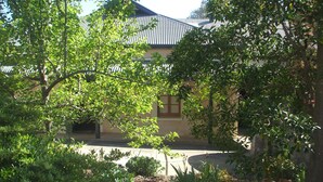 A garden area with a birdbath, potted plants, and a building with a sloped roof in the background. - Archery Road Estate (Tanunda)