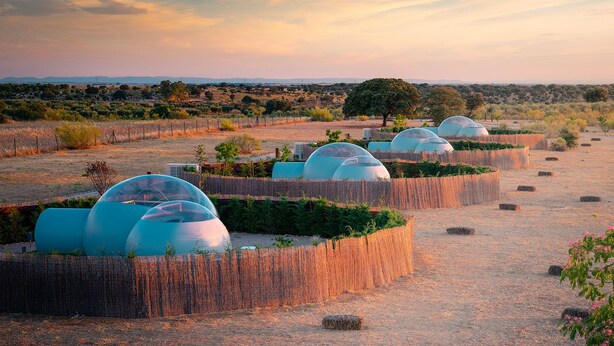 A series of dome-shaped structures with vegetation in the foreground, set against a dry, open landscape with distant hills. - Miluna (Hormigos)