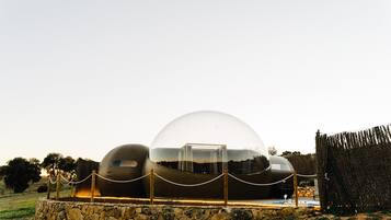 A spherical structure with a reflective surface, possibly a modern architectural feature.