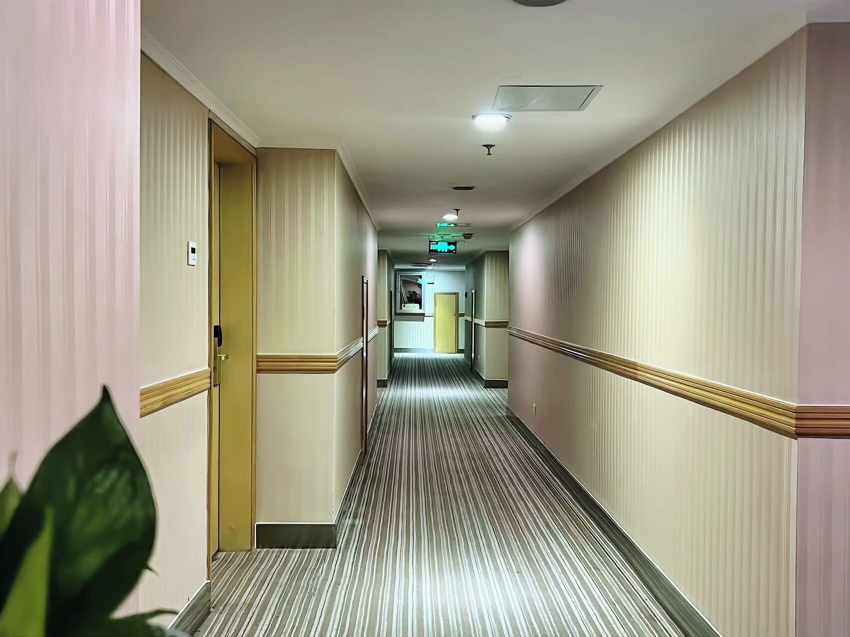 Ein Hotelkorridor mit Streifenmusterteppich, cremefarbenen Wänden und einer Tür links.