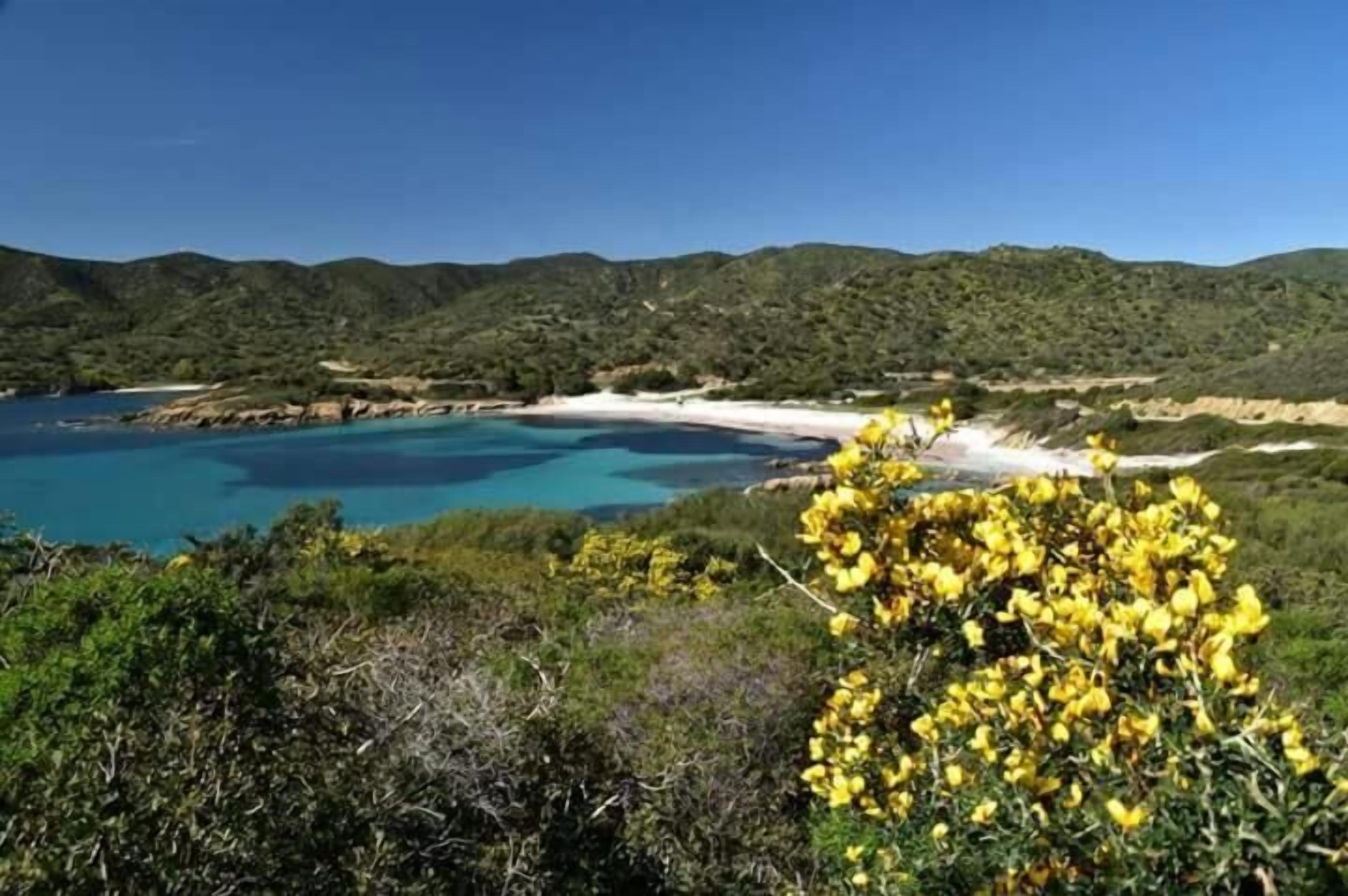 A coastal landscape with a beach, clear blue waters, and green hills in the background.