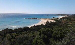 A coastal landscape with a sandy beach, dense greenery, and rocky outcrops. - L'Onda Blu (Domus de Maria)