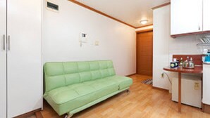A compact room with a green sofa, a small kitchenette, and a door leading to another room.