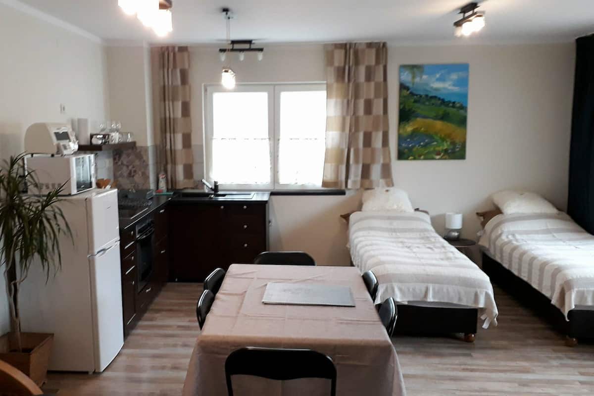 A compact room with a kitchenette, a dining table, two single beds, and a large window with curtains.