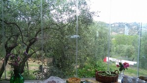 Una mesa con comida y bebidas, un jarrón con flores, y una vista de árboles y casas a través de una ventana.