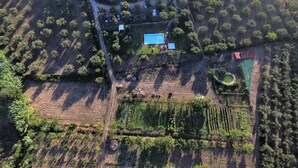 Vista aérea de una propiedad con una casa grande, piscina y jardines escalonados.