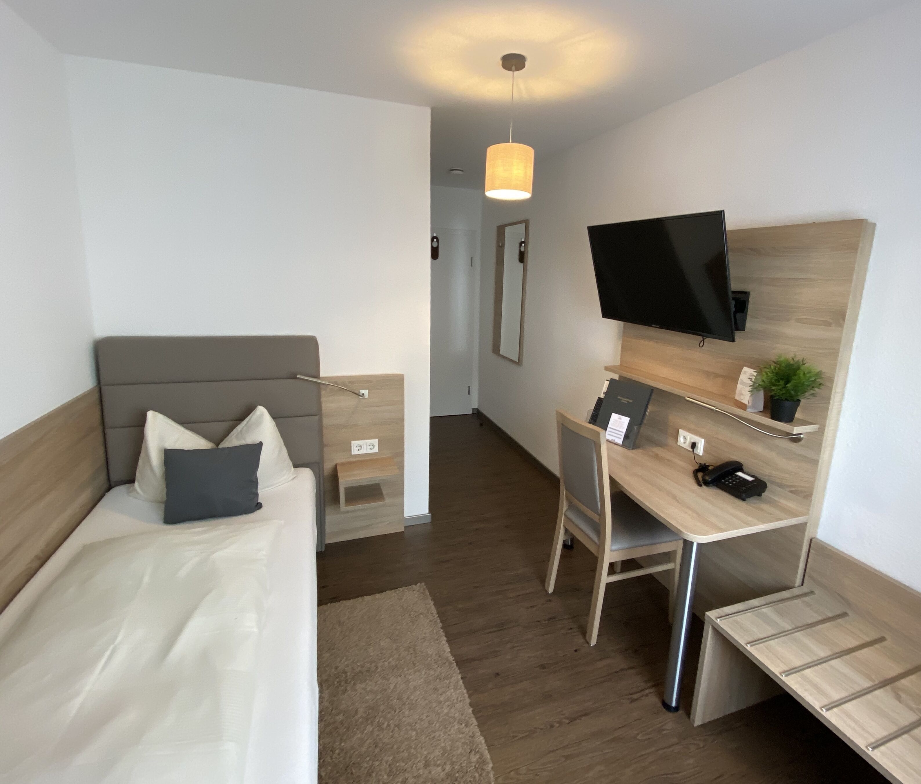 Une chambre d’hôtel avec un lit, un bureau, une chaise, une télévision et une petite plante.