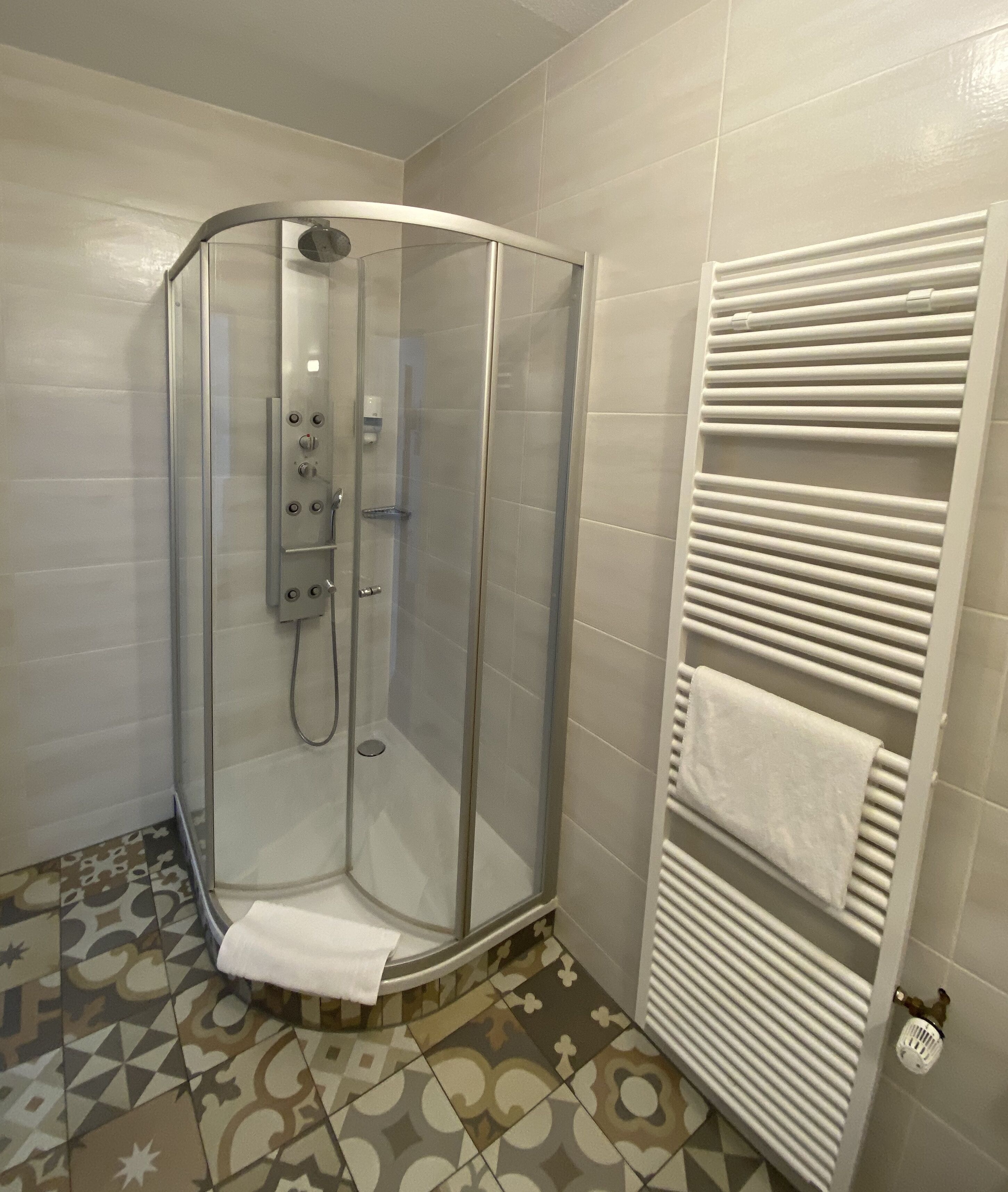 comfort single room | bathroom | shower, free toiletries, hair dryer, towels
