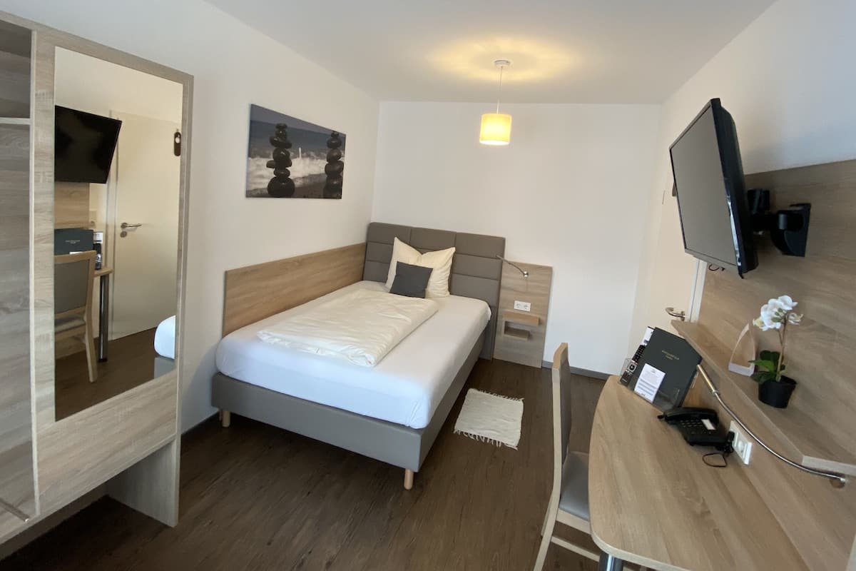 A modern hotel room with a bed, a desk, a chair, a television, and a small potted plant.