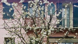 A stone pathway leading to a building with pink walls and a tree with white blossoms. - Agriturismo Cascina Madonnina (Pregnana Milanese)
