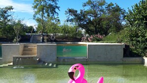 A clear pool with a pink flamingo float. - Agriturismo Cascina Madonnina (Pregnana Milanese)