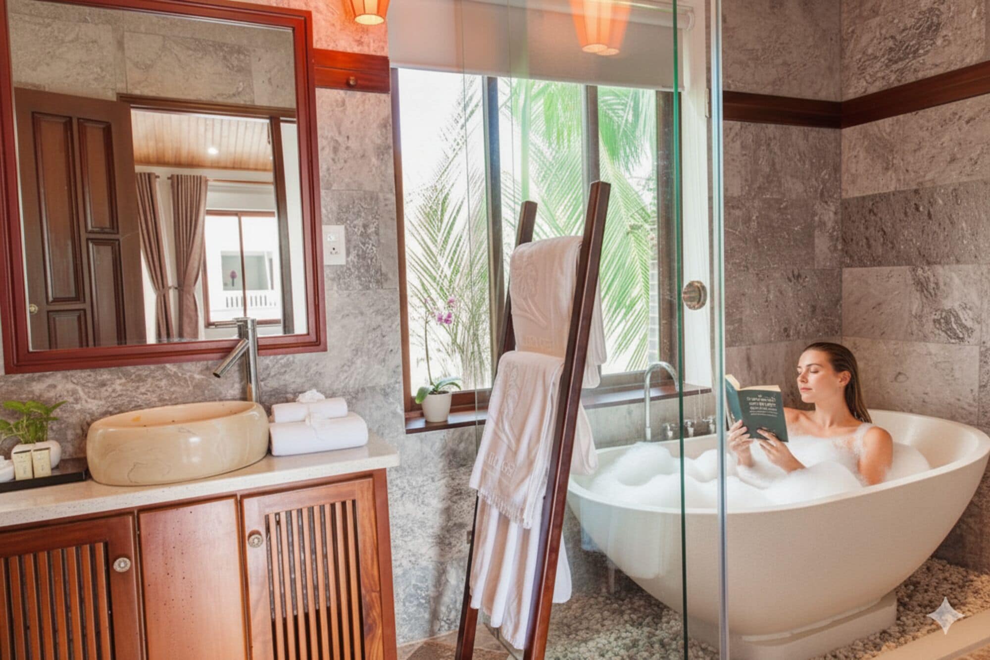 family room, pool view | bathroom | combined shower/bathtub, rainfall showerhead, free toiletries