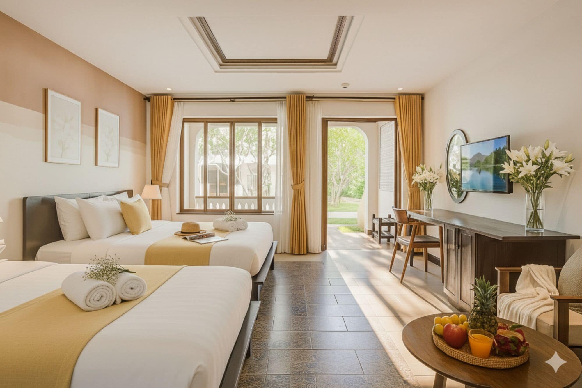 家庭房, 泳池景观 | 客房内保险箱、办公桌、笔记本电脑工作区、遮光窗帘