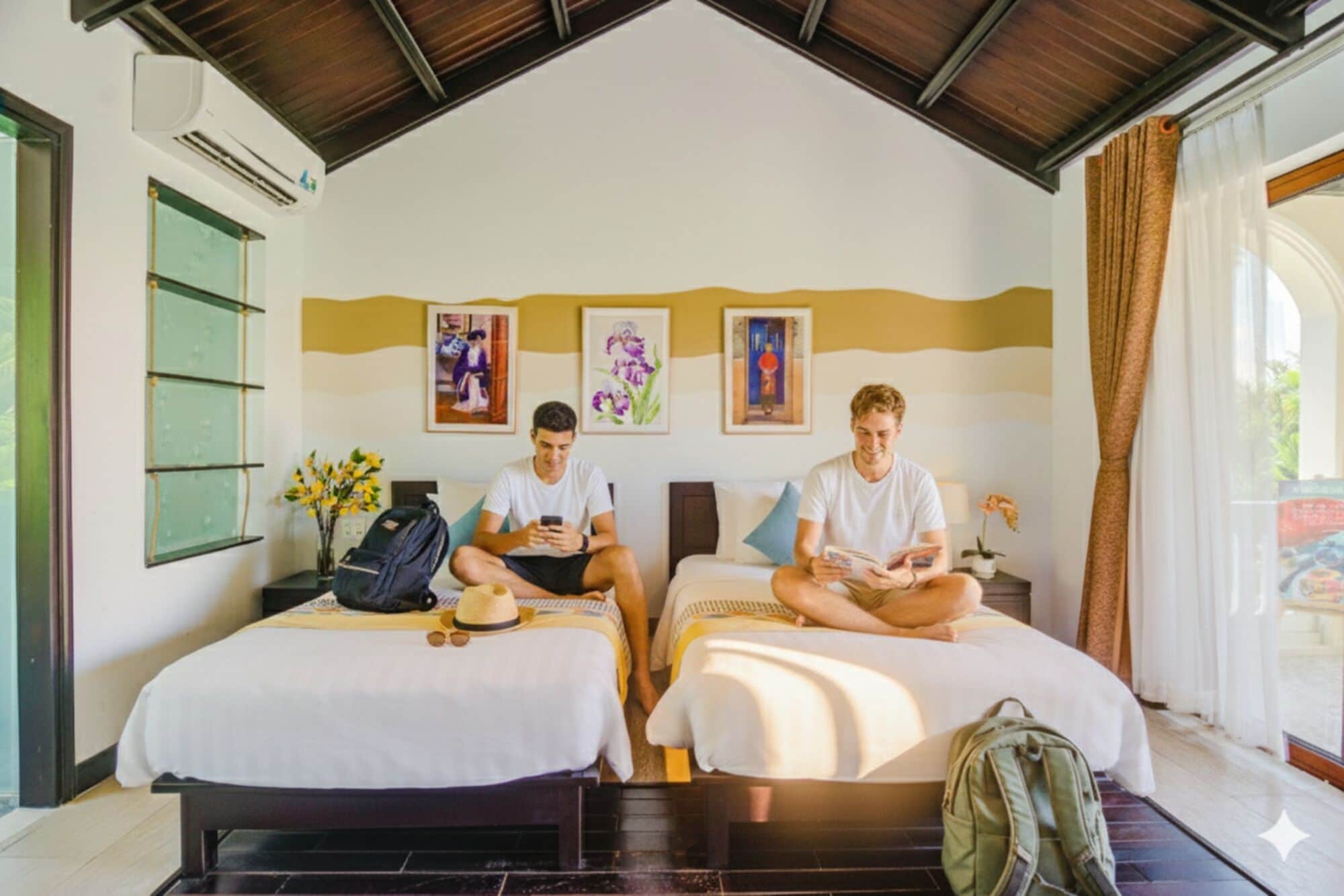 Kahden hengen deluxe-huone (kaksi sänkyä), näköala uima-altaalle | Tallelokero huoneessa, työpöytä