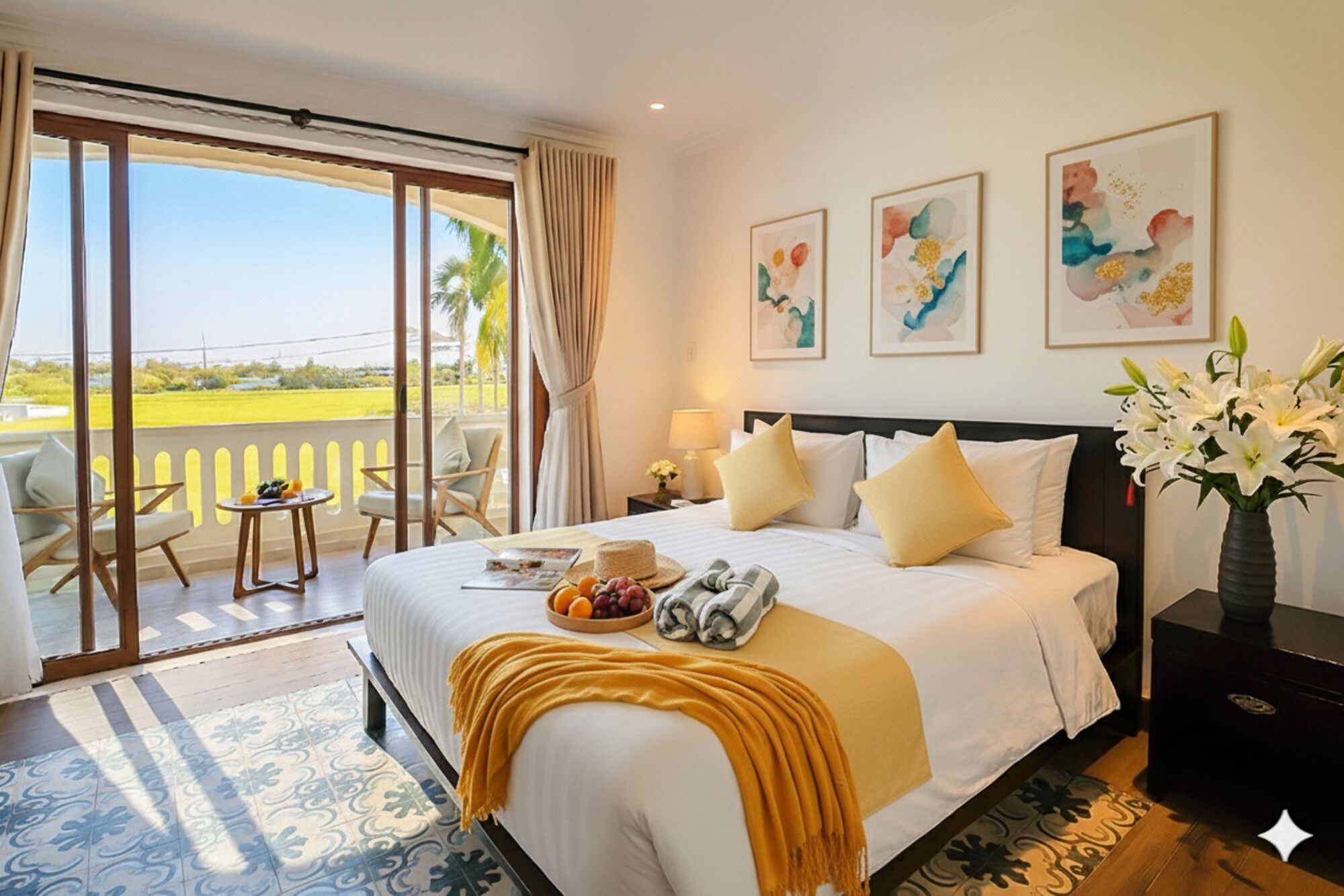 Une chambre d’hôtel avec un lit, une table de chevet, une lampe, un vase de fleurs et une vue sur l’extérieur.