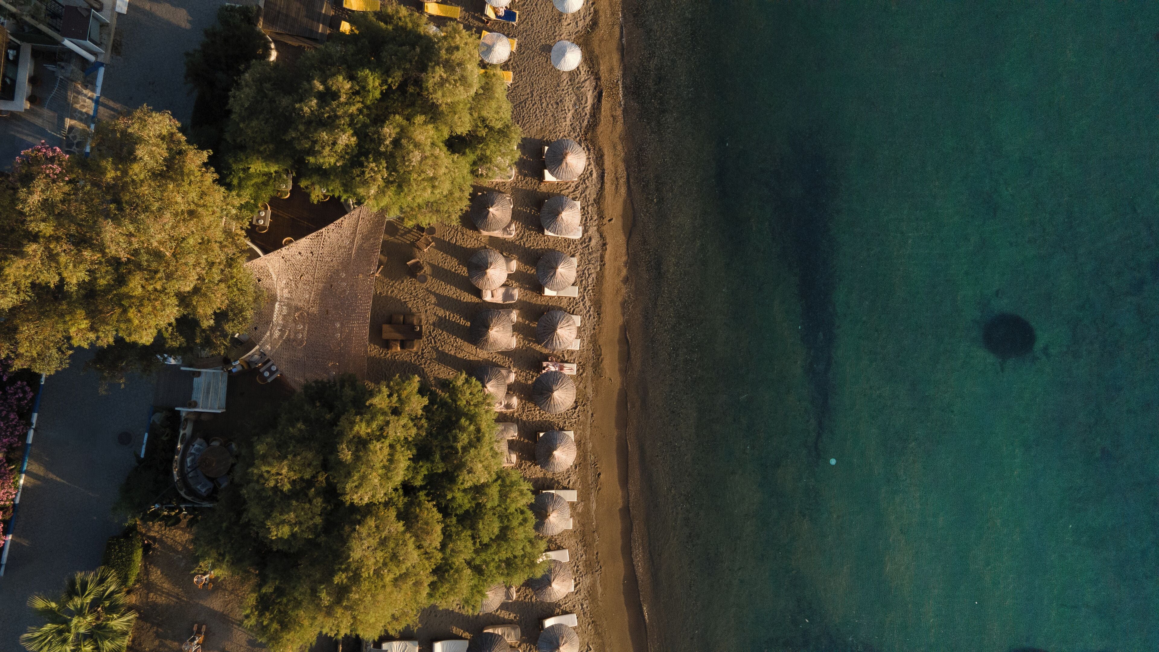 Privat strand, solsenger og parasoller