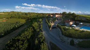 Une villa avec piscine, entourée d’une végétation luxuriante et bordée d’un chemin sinueux.