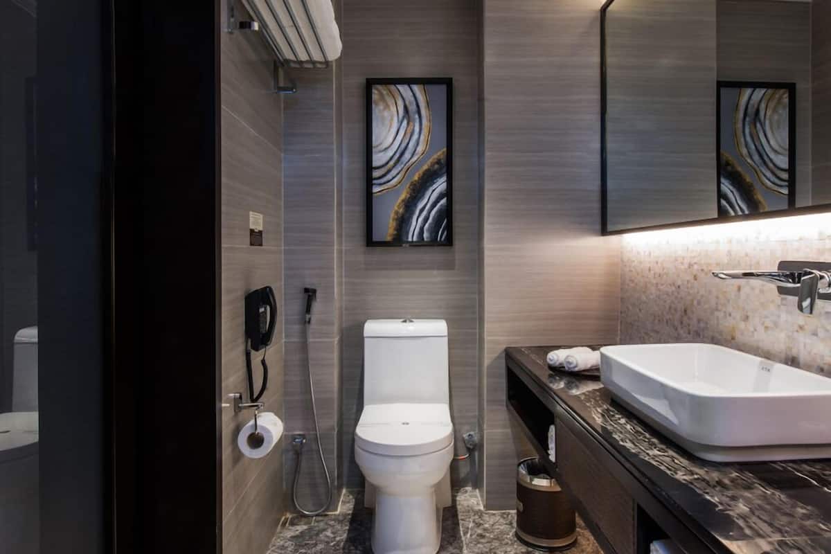 deep-soaking bathtub, rainfall showerhead, free toiletries, hair dryer