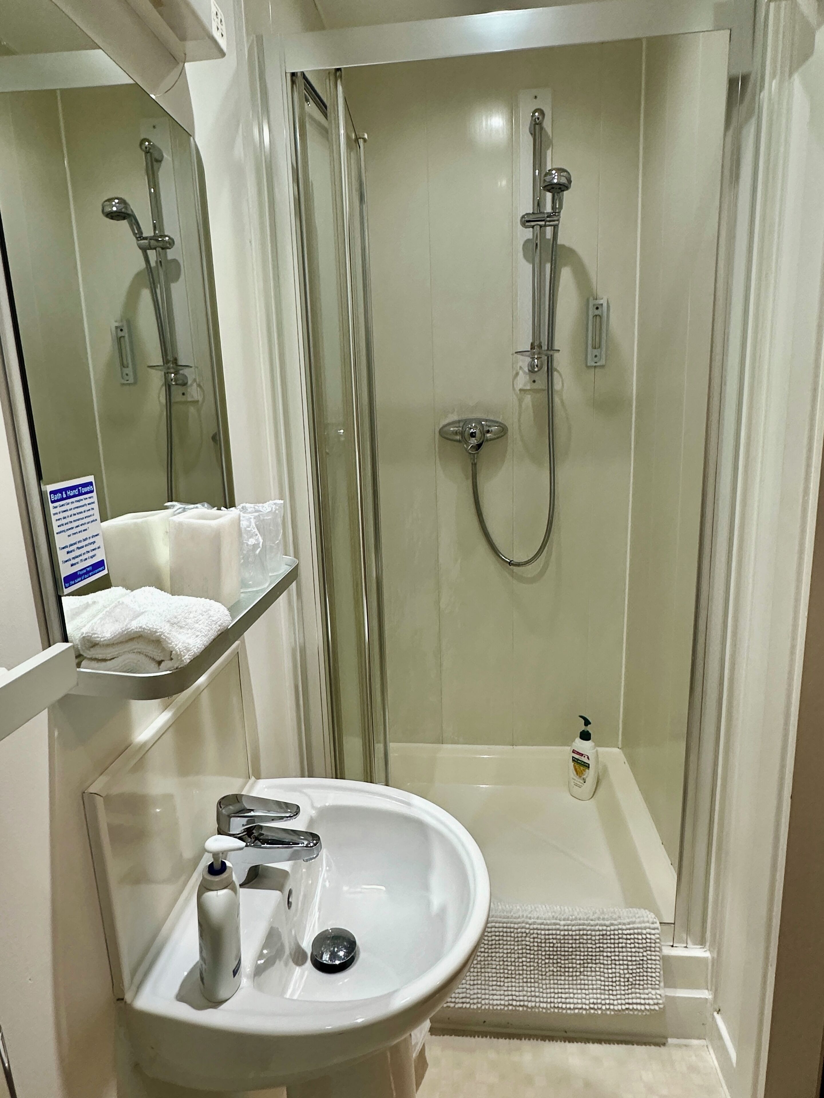 Un bany amb dutxa tancada per vidre, un lavabo amb dispensador de sabó i una barra de tovalloles.