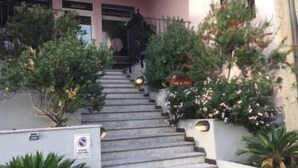 Eine Treppe führt zu einem Hauseingang, umgeben von Grünpflanzen und einem Verbotsschild für Parkplätze.