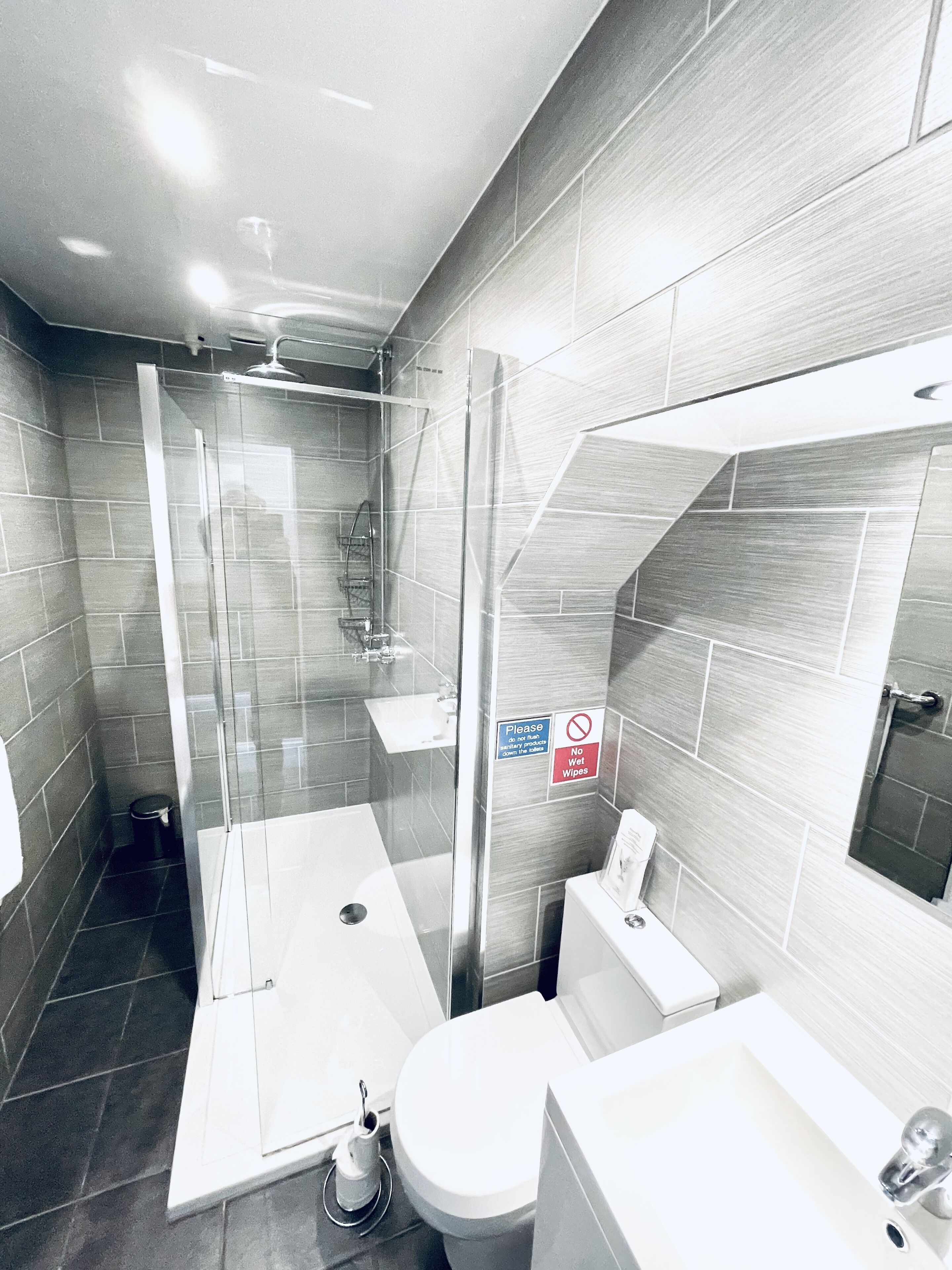 Une salle de bain moderne avec une douche à parois de verre, des toilettes et un lavabo.