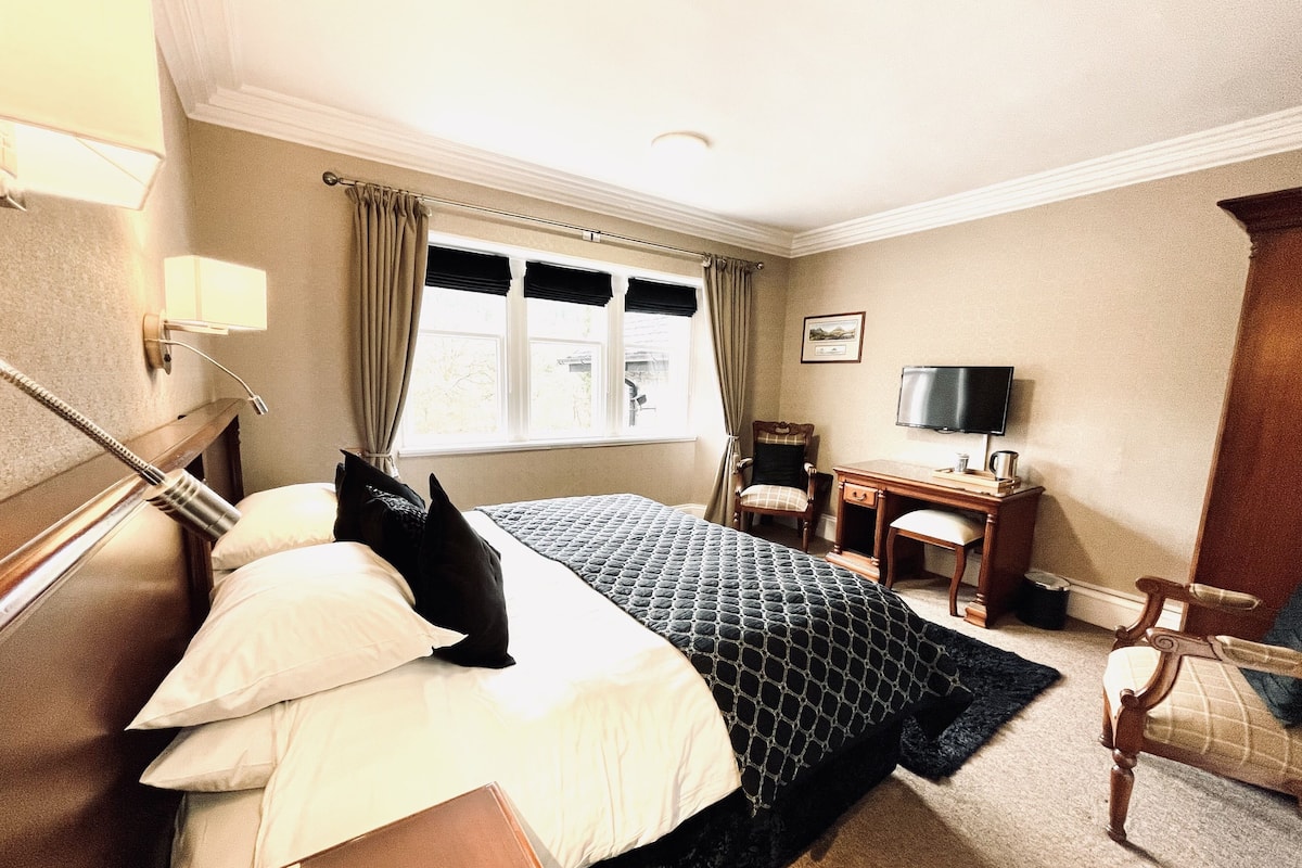 A hotel room with a bed, a desk, a chair, a television, and a window with curtains.