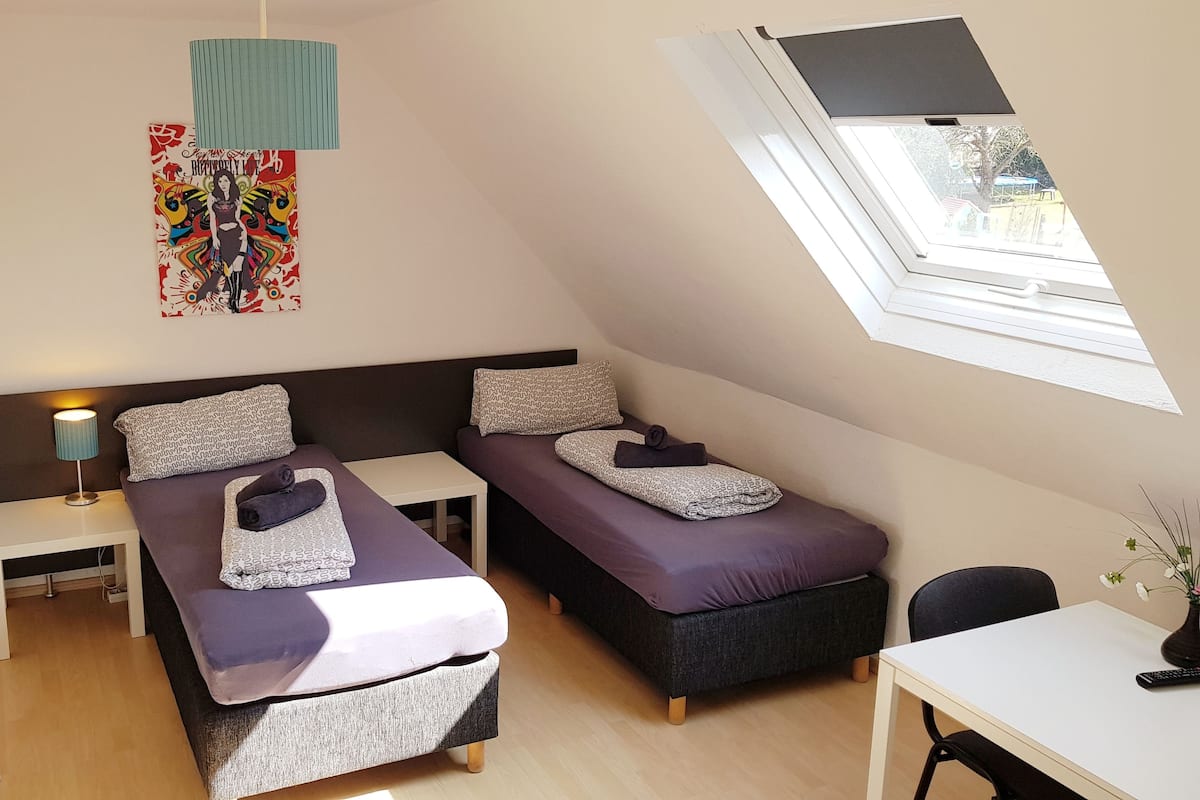 Una habitación pequeña y moderna con dos camas, un escritorio y un tragaluz.